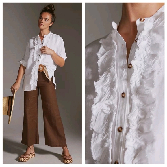 Anthropologie Tops - Pilcro Medium White Ruffled Linen Blend Long Sleeve Button Up Blouse